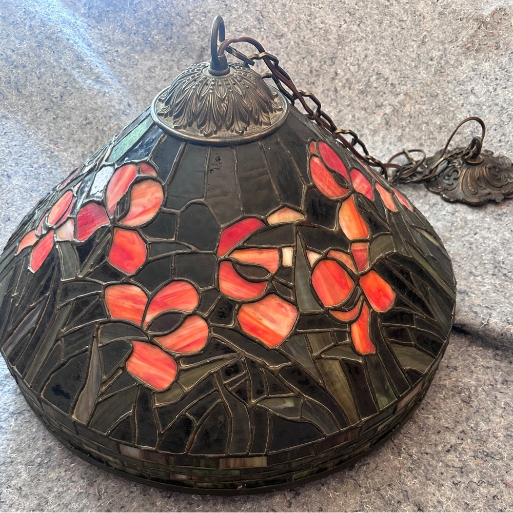 Tiffany style Stained Glass Pendant Light with Red Floral Design.